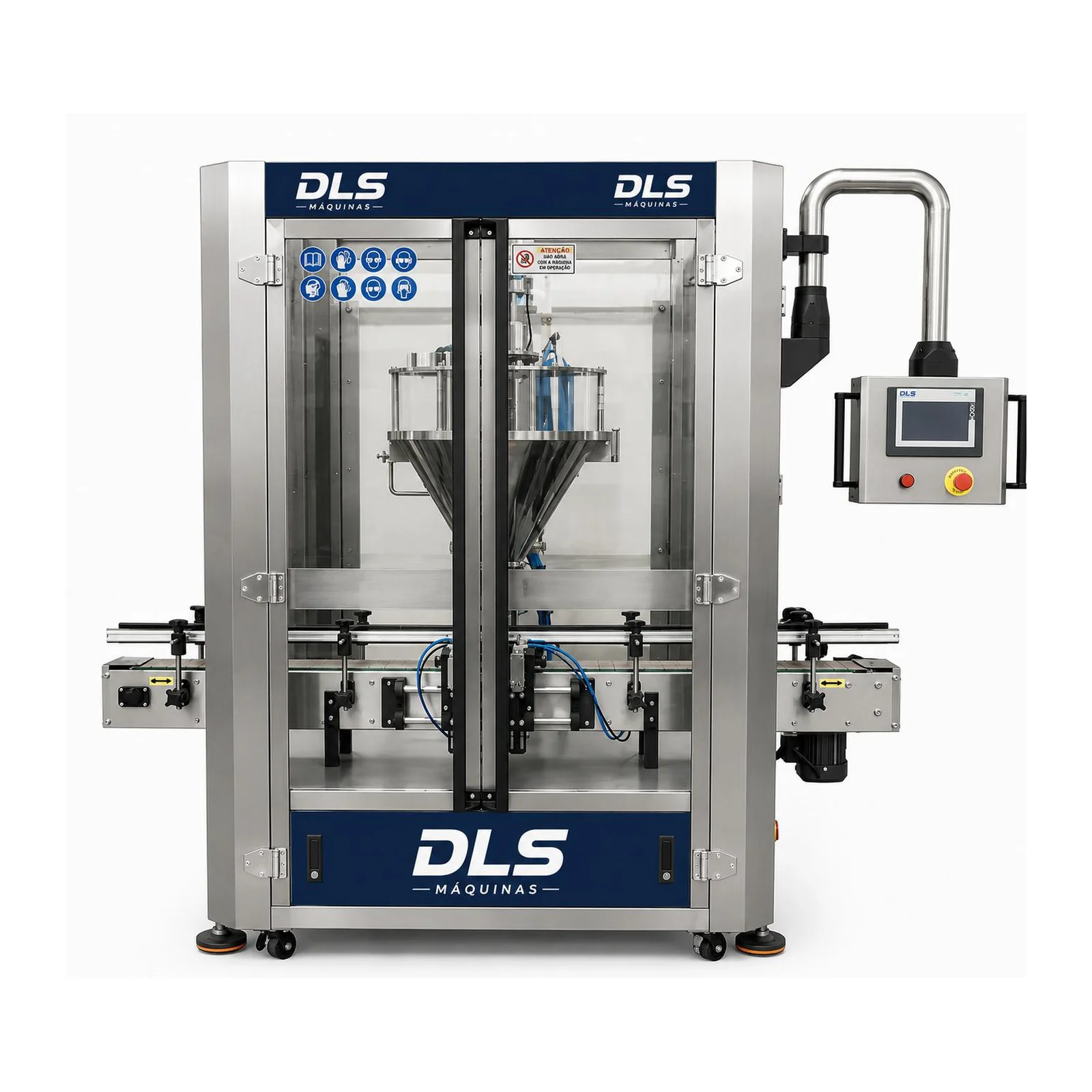 Render da dosadora DARL 1H 1020 com estrutura em inox e esteira passante