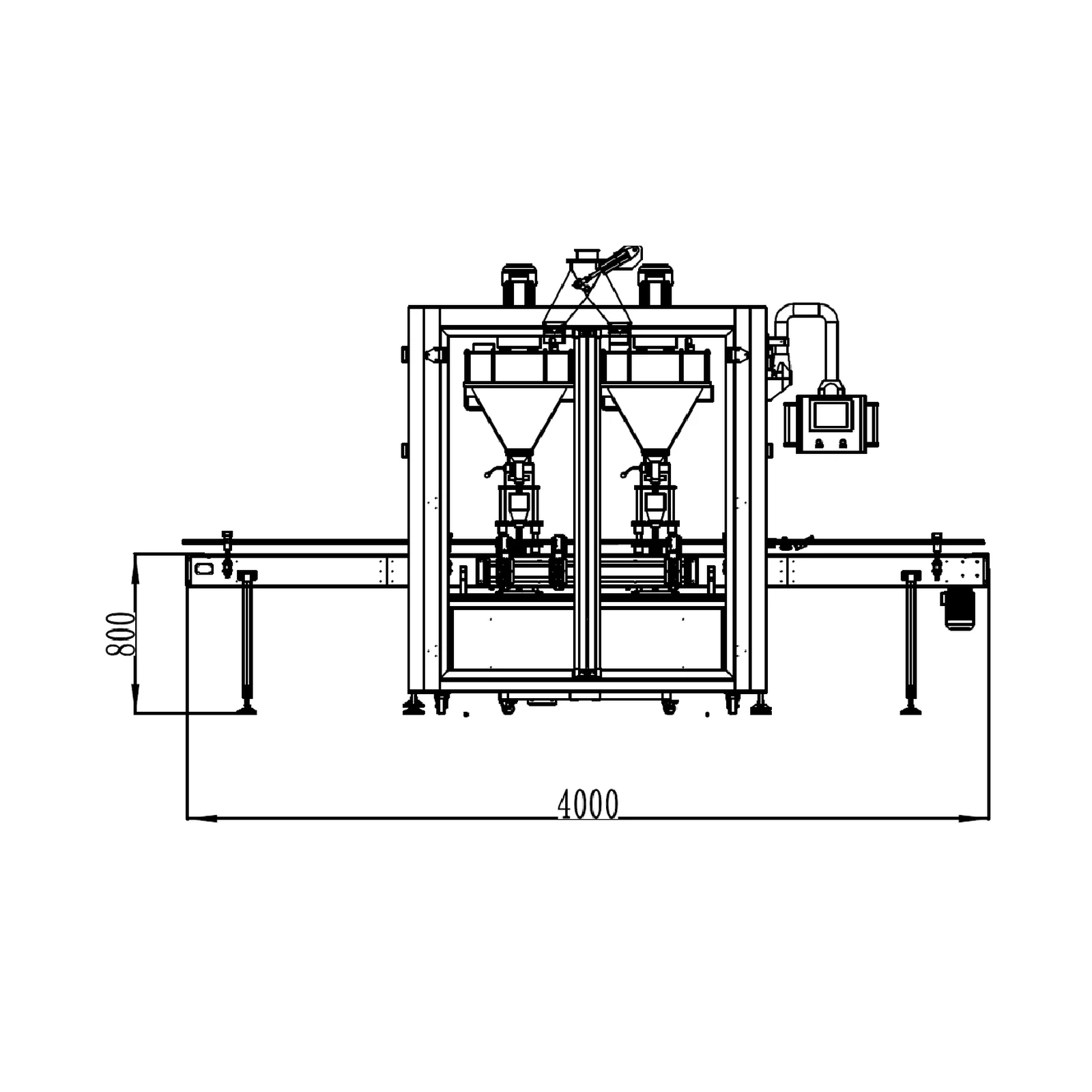 Desenho técnico frontal da DARL 2H 2040, com esteira de 4.000 mm e altura de 800 mm