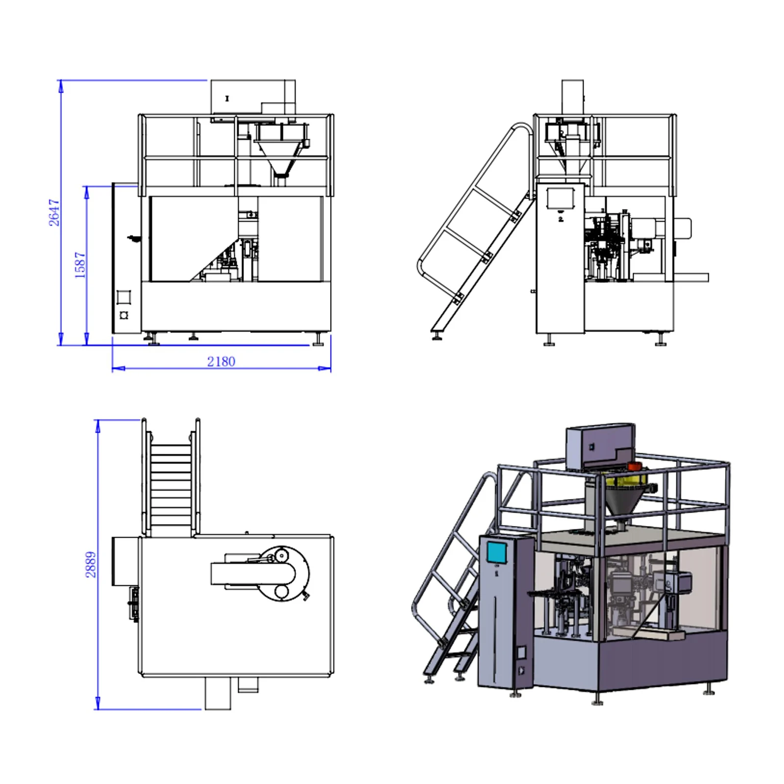 Desenho técnico da EEPR-SF250 sem aplicador de colher, em vistas frontal, lateral e superior