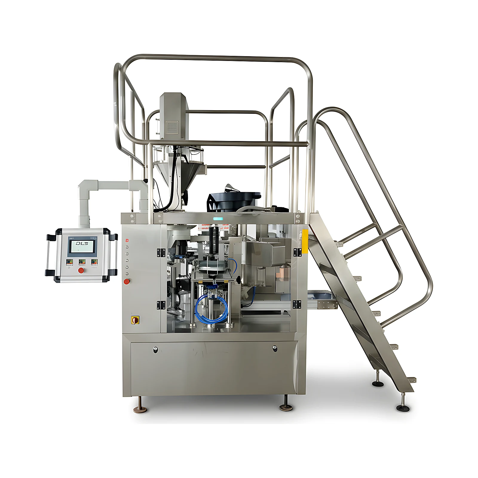 Empacotadora EEPR-SF250 de frente, com plataforma de acesso, guarda-corpo e escada lateral