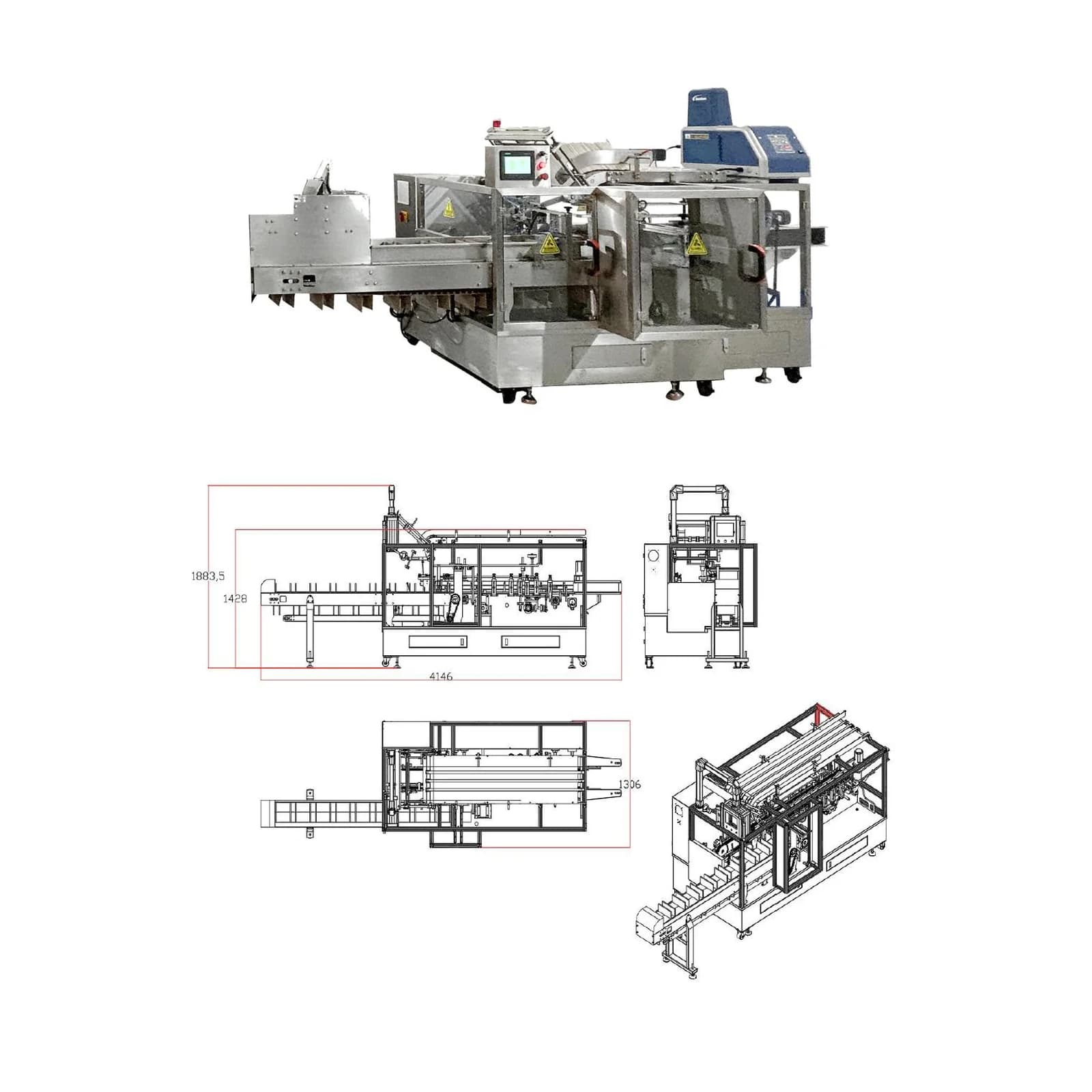 Desenho técnico da encartuchadeira EDDL 3015 em vistas frontal, superior e lateral