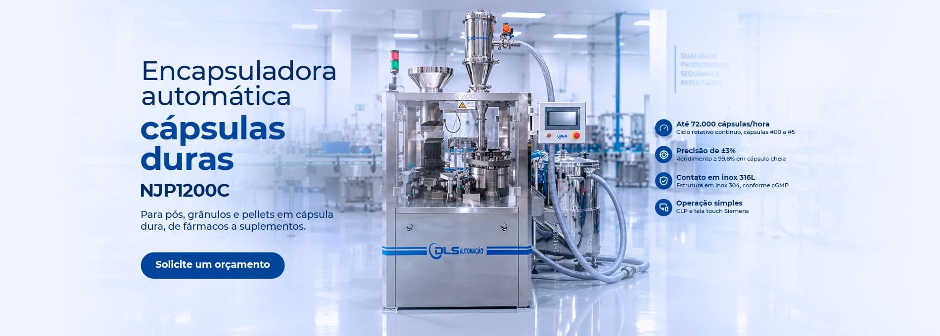Encapsuladora automática de cápsulas duras NJP1200C: até 72.000 cápsulas por hora, precisão de ±3%, contato em inox 316L e operação por CLP com tela touch Siemens.
