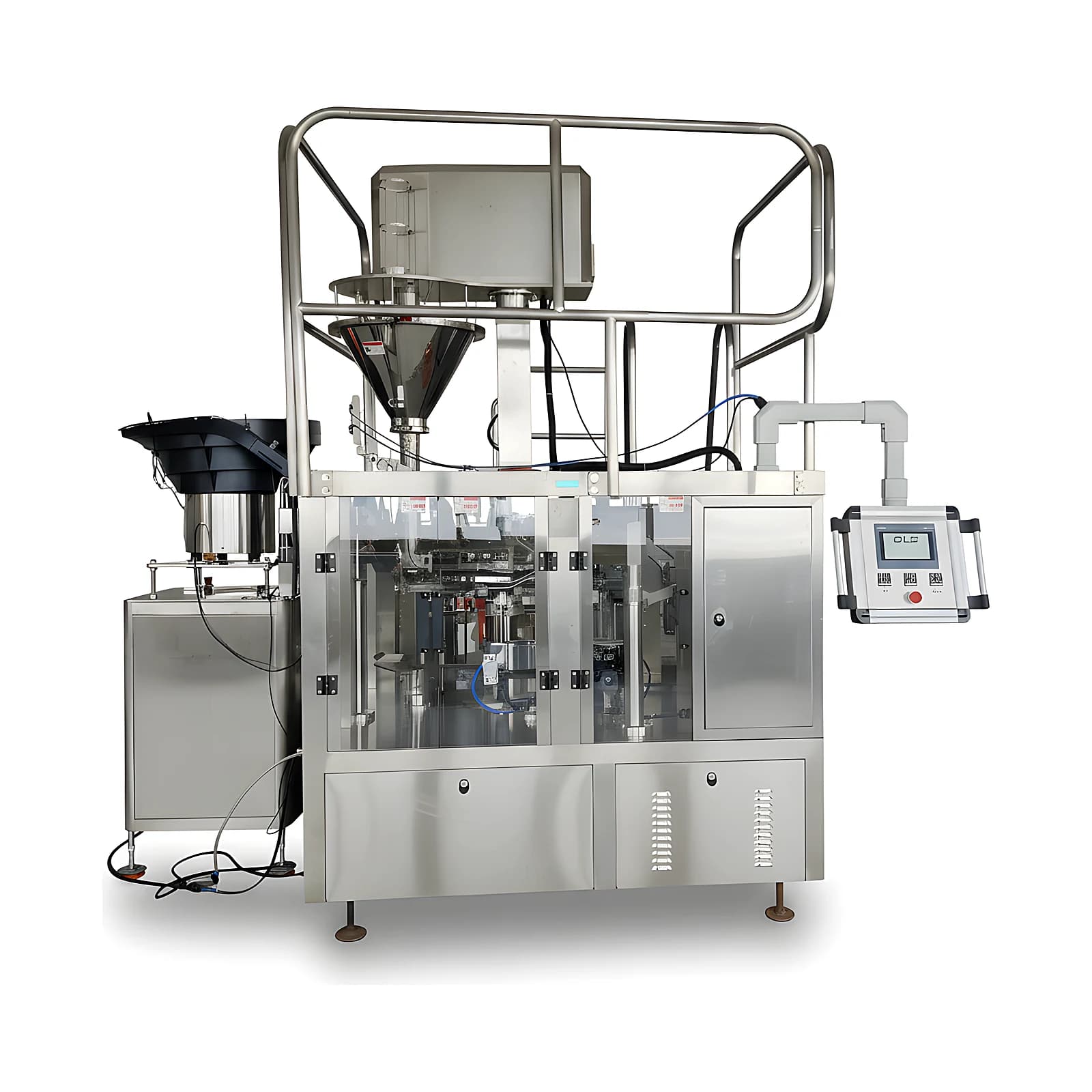 Empacotadora EEPR-SF250 em vista frontal, com dosador de rosca, alimentador vibratório de tampas e painel touch