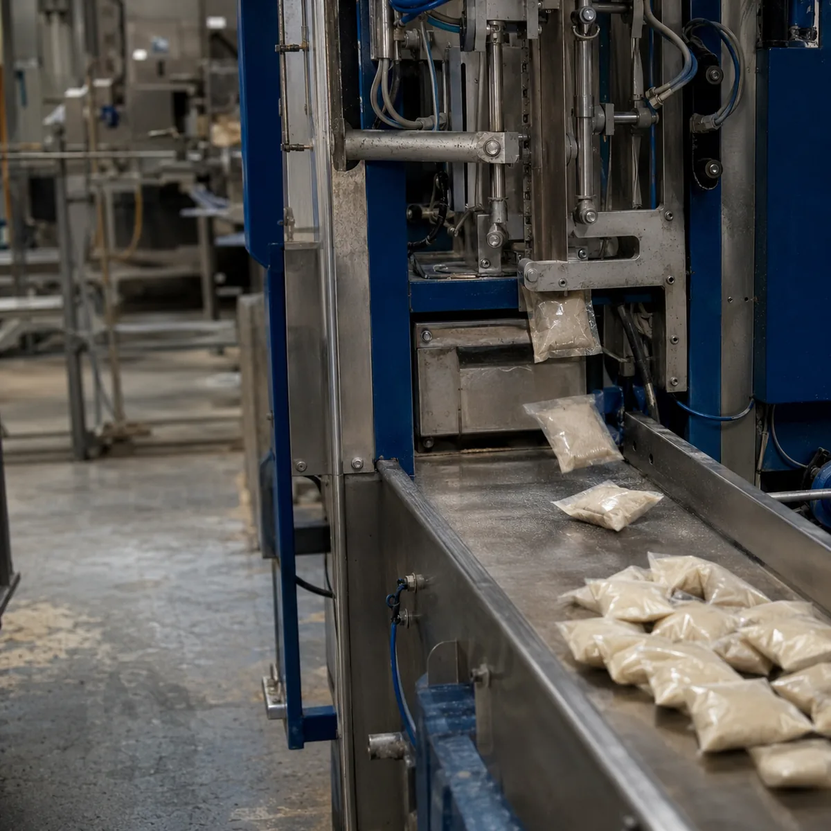 Sachês de pó selados saindo de uma empacotadora vertical para a esteira, em fábrica de alimentos
